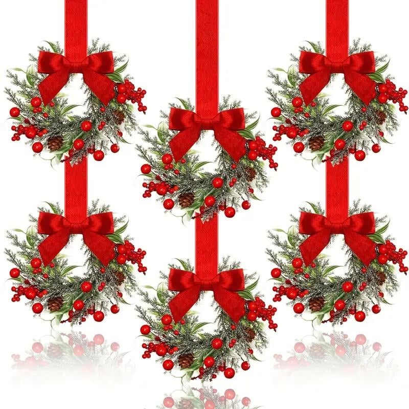 Christmas Mini Window Wreaths with Ribbon Bows & Red Berries Small Cabinet Hangers