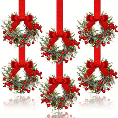 Christmas Mini Window Wreaths with Ribbon Bows & Red Berries Small Cabinet Hangers