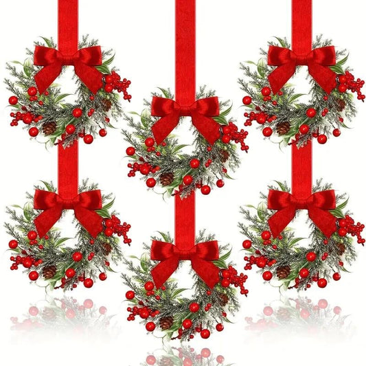 Christmas Mini Window Wreaths with Ribbon Bows & Red Berries Small Cabinet Hangers