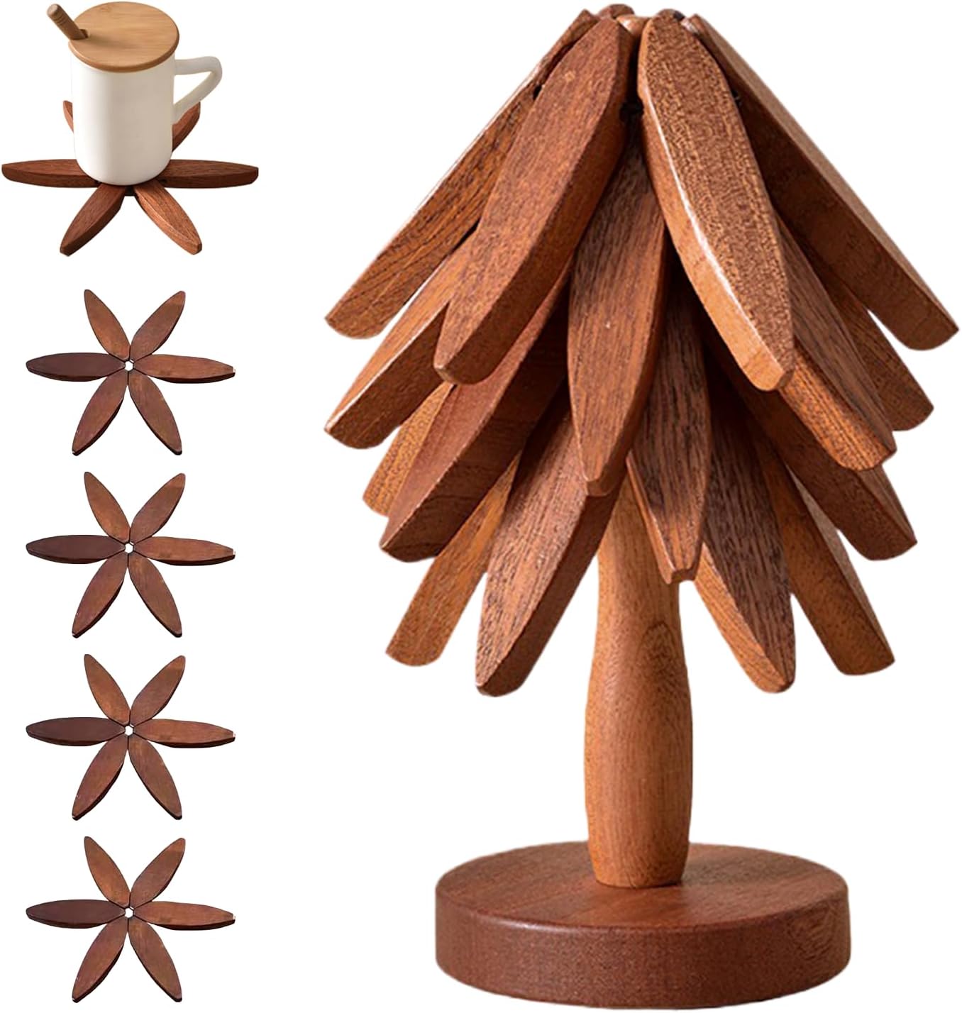 🎁Natural Tree Trivet Set - 4 bamoo Trivets & 1 Stand Like a Christmas Tree✨
