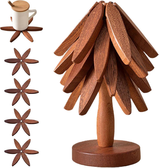 🎁Natural Tree Trivet Set - 4 bamoo Trivets & 1 Stand Like a Christmas Tree✨